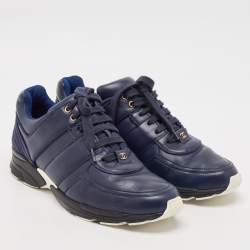 Pre Owned Chanel Blue Leather and Satin Lace Up Sneakers Size 42