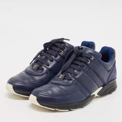 Pre Owned Chanel Blue Leather and Satin Lace Up Sneakers Size 42