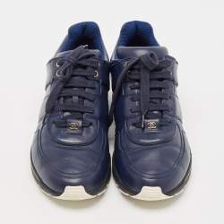 Pre Owned Chanel Blue Leather and Satin Lace Up Sneakers Size 42