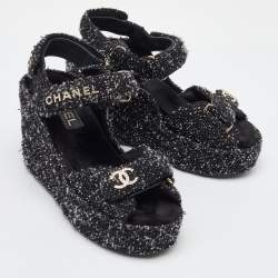 Chanel Black Quilted Tweed CC Platform Wedge Sandals Size 37