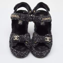 Chanel Black Quilted Tweed CC Platform Wedge Sandals Size 37