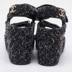 Chanel Black Quilted Tweed CC Platform Wedge Sandals Size 37