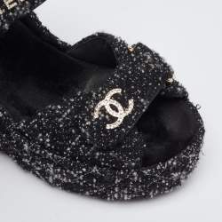 Chanel Black Quilted Tweed CC Platform Wedge Sandals Size 37