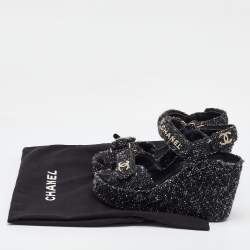 Chanel Black Quilted Tweed CC Platform Wedge Sandals Size 37