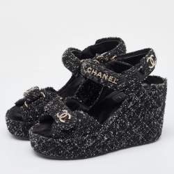Chanel Black Quilted Tweed CC Platform Wedge Sandals Size 37