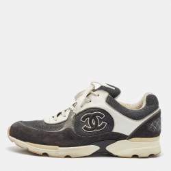 Chanel Grey/White Canvas And Suede CC Logo Lace Up Sneakers Size 42