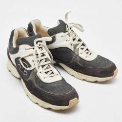 Chanel Grey/White Canvas And Suede CC Logo Lace Up Sneakers Size 42