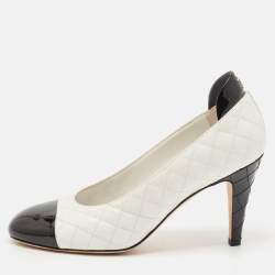 مملوكة مسبقًا Chanel White/Black Quilted Leather and Patent Cap Toe CC Pumps Size 36.5