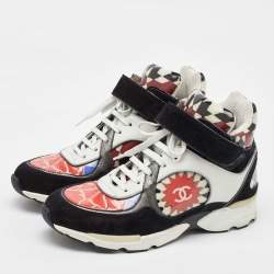 Pre Owned Chanel Multicolor Printed Leather and Suede CC High Top Sneakers Size 37