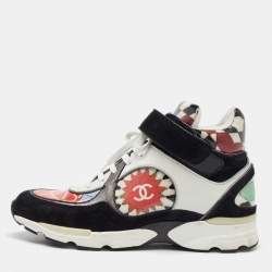 Pre Owned Chanel Multicolor Printed Leather and Suede CC High Top Sneakers Size 37