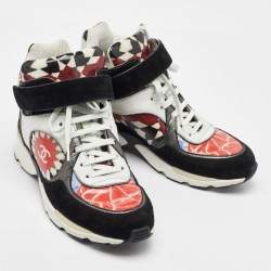 Pre Owned Chanel Multicolor Printed Leather and Suede CC High Top Sneakers Size 37