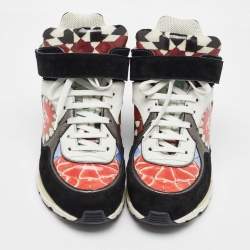 Pre Owned Chanel Multicolor Printed Leather and Suede CC High Top Sneakers Size 37