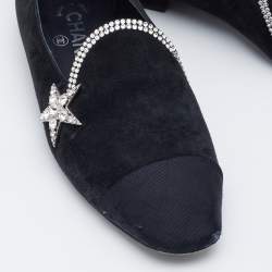 Chanel Black Canvas and Suede Star and Crystal Embellished Ballet Flats Size 36.5
