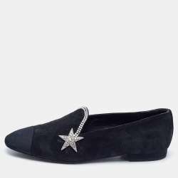 Chanel Black Canvas and Suede Star and Crystal Embellished Ballet Flats Size 36.5