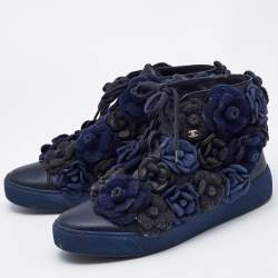 Chanel Black/Blue Leather CC Camellia High Top Sneakers Size 38