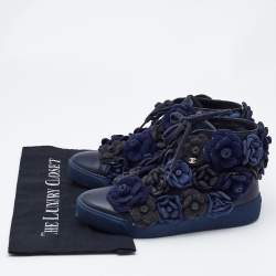 Chanel Black/Blue Leather CC Camellia High Top Sneakers Size 38