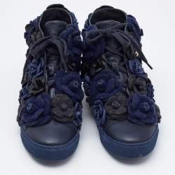 Chanel Black/Blue Leather CC Camellia High Top Sneakers Size 38
