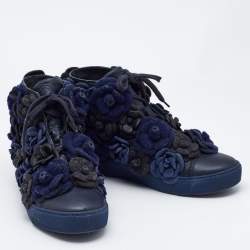 Chanel Black/Blue Leather CC Camellia High Top Sneakers Size 38