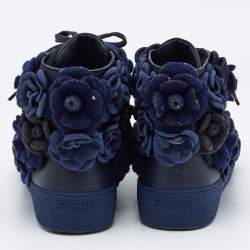 Chanel Black/Blue Leather CC Camellia High Top Sneakers Size 38