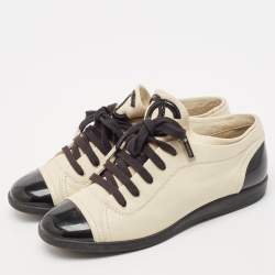 Pre Owned Chanel Black/Cream Leather and Patent Cap Toe Lace Up Sneakers Size 38