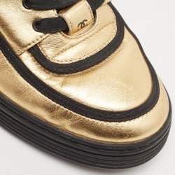Pre Owned Chanel Black/Gold Leather CC Lace Up Sneakers Size 38