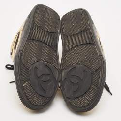 Pre Owned Chanel Black/Gold Leather CC Lace Up Sneakers Size 38