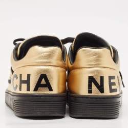 Pre Owned Chanel Black/Gold Leather CC Lace Up Sneakers Size 38