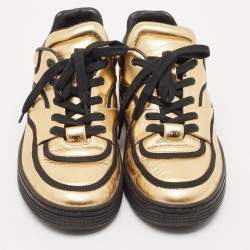 Pre Owned Chanel Black/Gold Leather CC Lace Up Sneakers Size 38