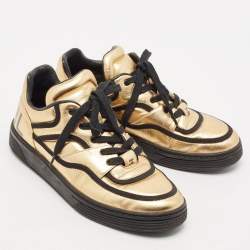 Pre Owned Chanel Black/Gold Leather CC Lace Up Sneakers Size 38