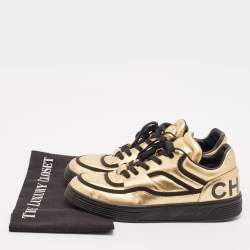 Pre Owned Chanel Black/Gold Leather CC Lace Up Sneakers Size 38