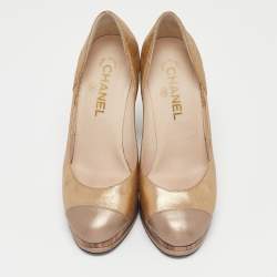 Chanel Metallic Gold/Bronze Quilted Leather CC Platform Pumps Size 38