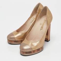 Chanel Metallic Gold/Bronze Quilted Leather CC Platform Pumps Size 38