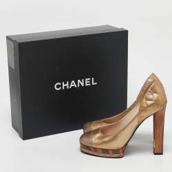 Chanel Metallic Gold/Bronze Quilted Leather CC Platform Pumps Size 38