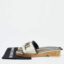 Pre Owned Chanel White Tweed Chain Detail Cork Slide Sandals Size 38.5