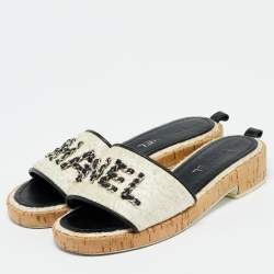 Pre Owned Chanel White Tweed Chain Detail Cork Slide Sandals Size 38.5