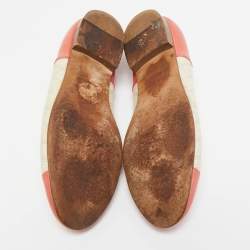 Pre Owned Chanel Coral Pink/Beige Leather and Canvas Bow Cap Toe Ballet Flats Size 38