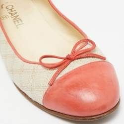 Pre Owned Chanel Coral Pink/Beige Leather and Canvas Bow Cap Toe Ballet Flats Size 38