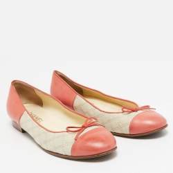 Pre Owned Chanel Coral Pink/Beige Leather and Canvas Bow Cap Toe Ballet Flats Size 38