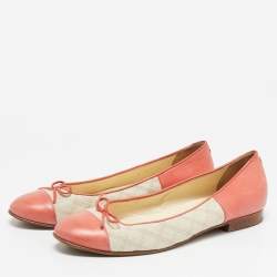 Pre Owned Chanel Coral Pink/Beige Leather and Canvas Bow Cap Toe Ballet Flats Size 38