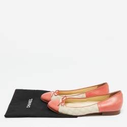 Pre Owned Chanel Coral Pink/Beige Leather and Canvas Bow Cap Toe Ballet Flats Size 38
