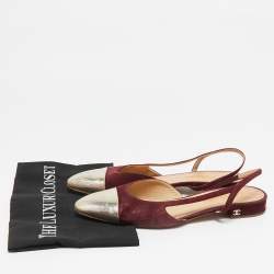 Pre Owned Chanel Gold/Burgundy Suede and Leather CC Slingback Flats Size 41