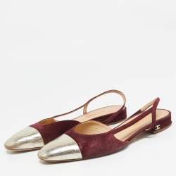 Pre Owned Chanel Gold/Burgundy Suede and Leather CC Slingback Flats Size 41