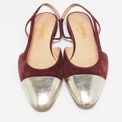 Pre Owned Chanel Gold/Burgundy Suede and Leather CC Slingback Flats Size 41