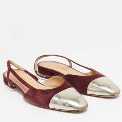 Pre Owned Chanel Gold/Burgundy Suede and Leather CC Slingback Flats Size 41
