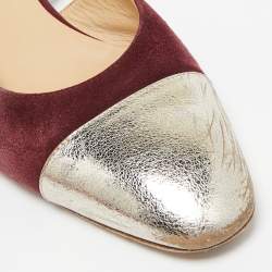 Pre Owned Chanel Gold/Burgundy Suede and Leather CC Slingback Flats Size 41