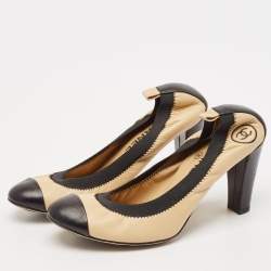 Chanel Beige/Black Leather Elastic Scrunch Pumps Size 38