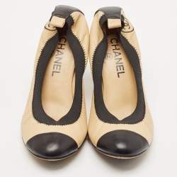 Chanel Beige/Black Leather Elastic Scrunch Pumps Size 38