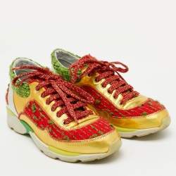 Chanel Multicolor Tweed Fabric and Leather CC Lace Up Sneakers Size 37