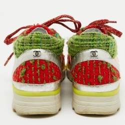 Chanel Multicolor Tweed Fabric and Leather CC Lace Up Sneakers Size 37