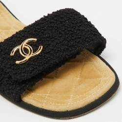 Chanel Black Fabric CC Flat Slide Sandals Size 38.5